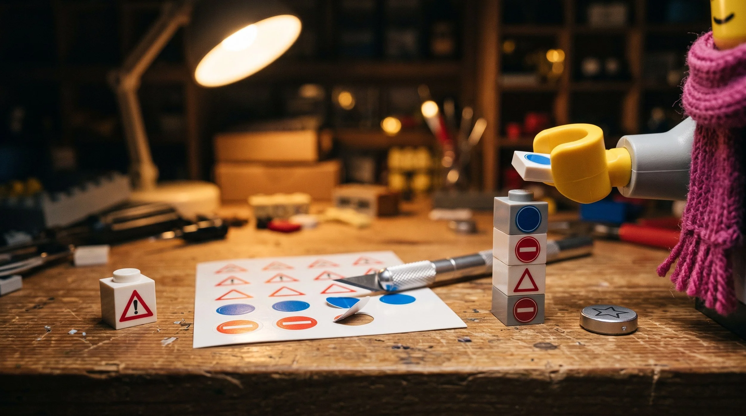 Illustration of three ways to add detail to a LEGO build: a printed tile, a road sign sticker sheet with a craft knife, and a stack of tiles with stickers already applied, on a workbench at night