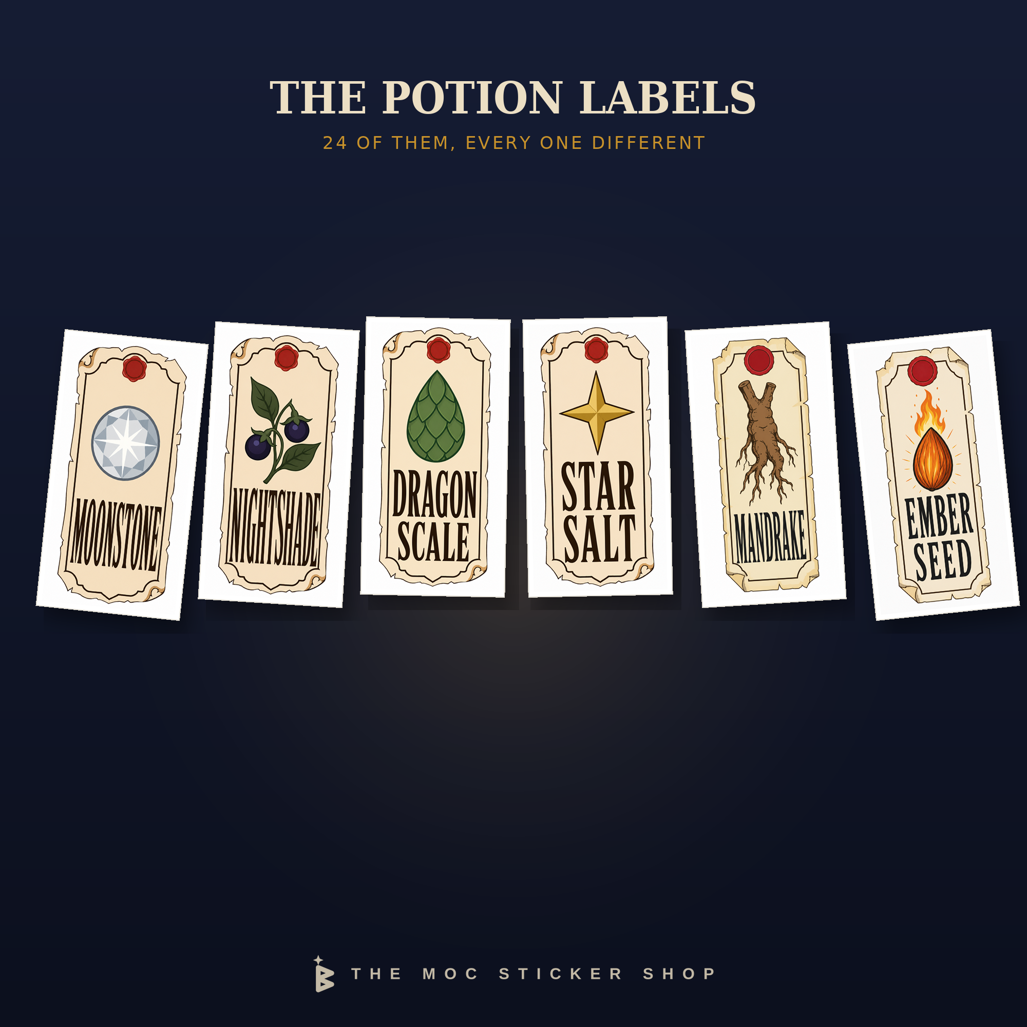 Close-up of apothecary decals, hand-lettered potion labels and drawer plates from the sheet.