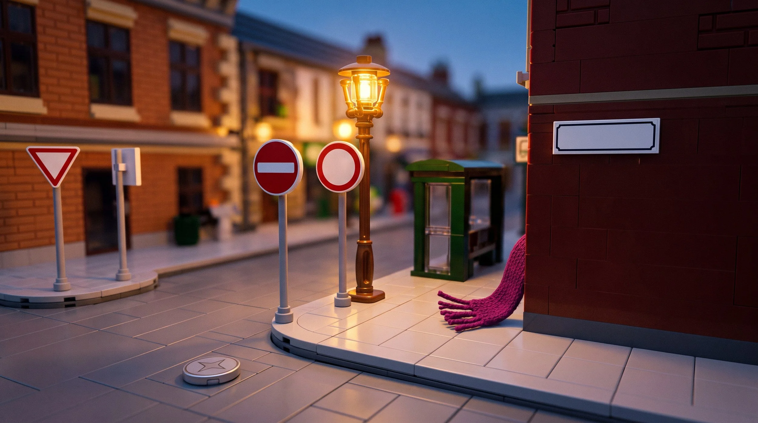 Illustration of a LEGO city street corner at dusk with road signs at the junction: give way, no entry, a speed limit, a street name plate and a bus shelter