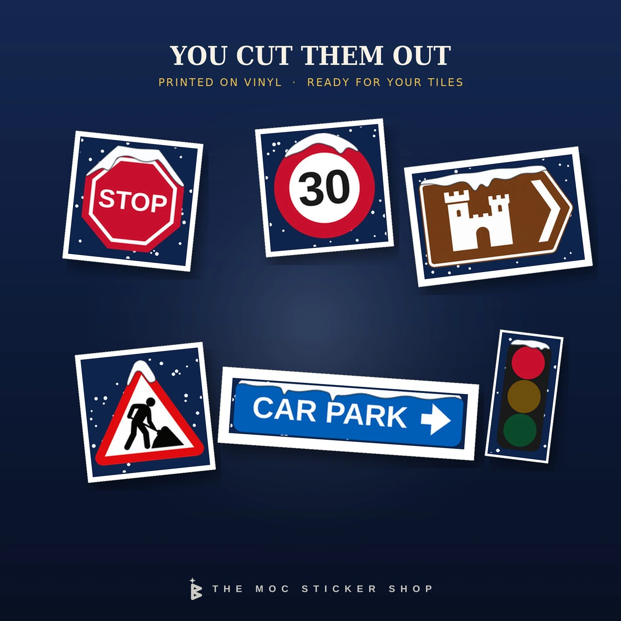 Six cut-out snowy road sign stickers: a stop sign, a 30 limit, a brown castle sign, roadworks, a car park direction sign and a traffic light.