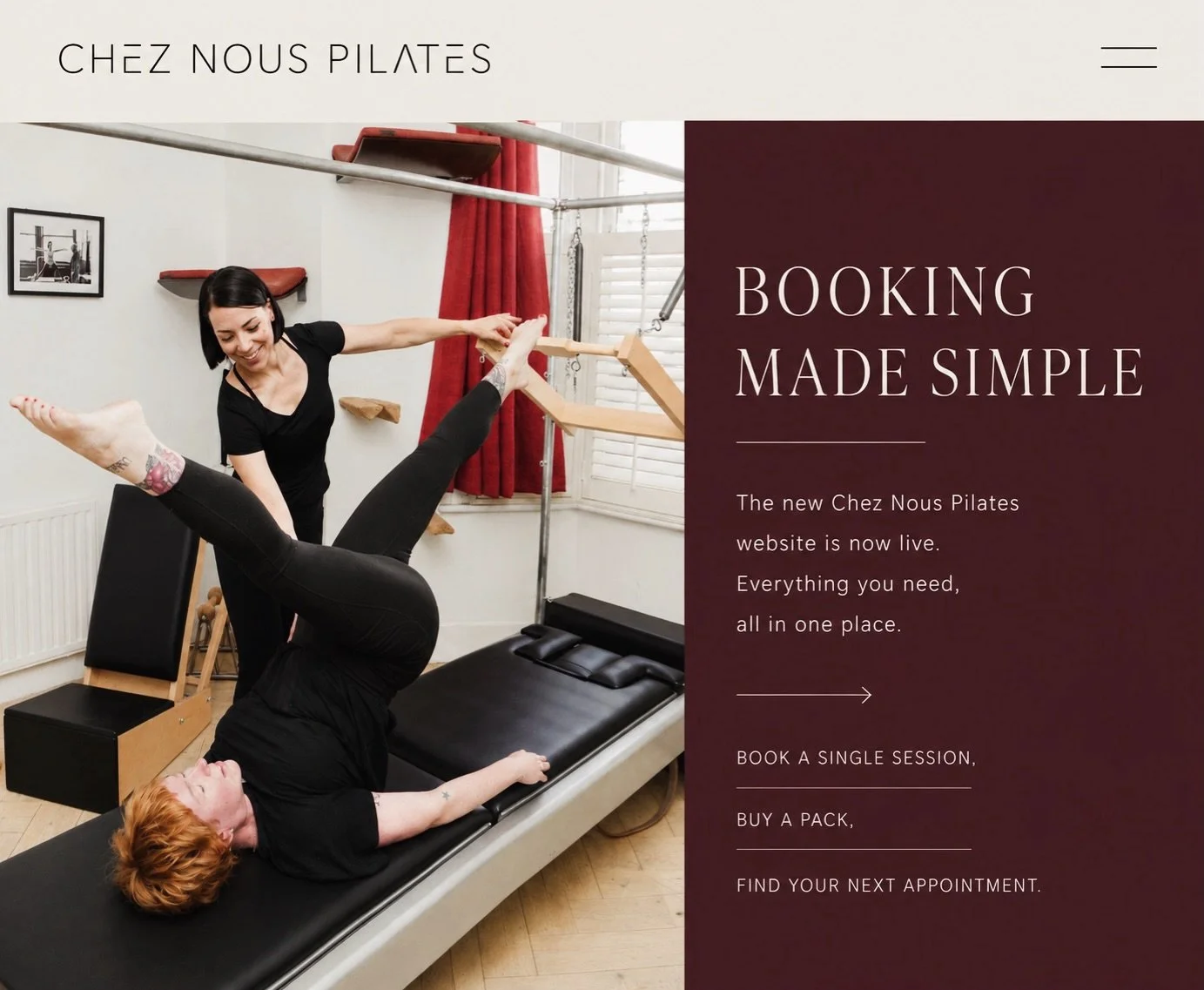 The new Chez Nous Pilates website is now live.

Book a single session, buy a pack, find your next appointment &mdash; or simply have a look around and find out more about the studio, the way I teach, and what private classical Pilates could look like