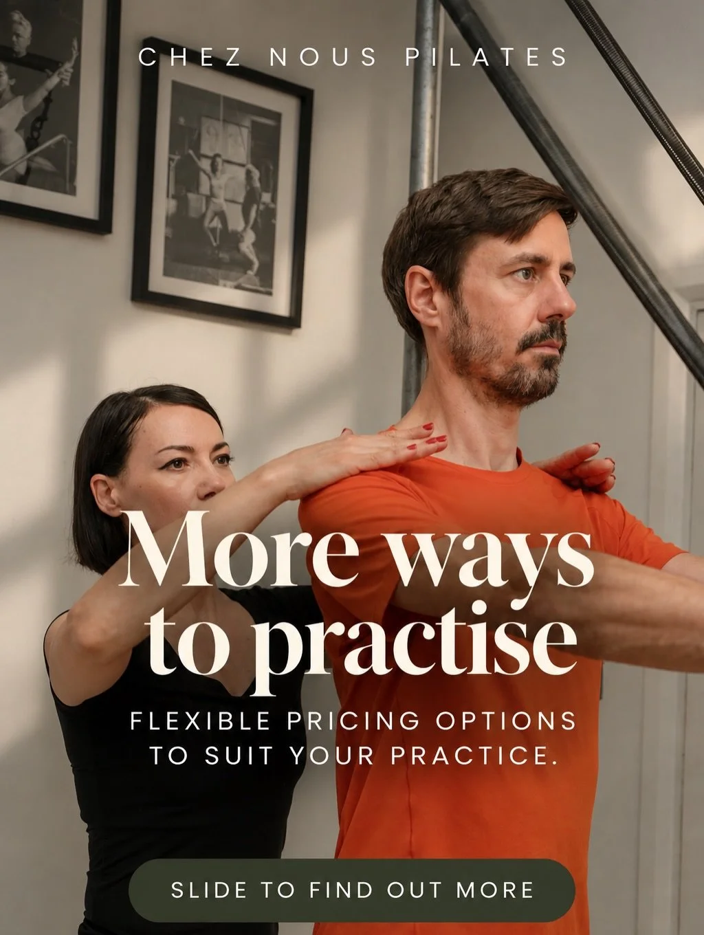 MORE WAYS TO PRACTISE AT CHEZ NOUS
Flexible options to suit your practice. 

✨ Want total flexibility?
Single session &mdash; &pound;70
Use within 30 days

✨ Want a little commitment?
5 sessions &mdash; &pound;325 &middot; &pound;65/session
Use withi