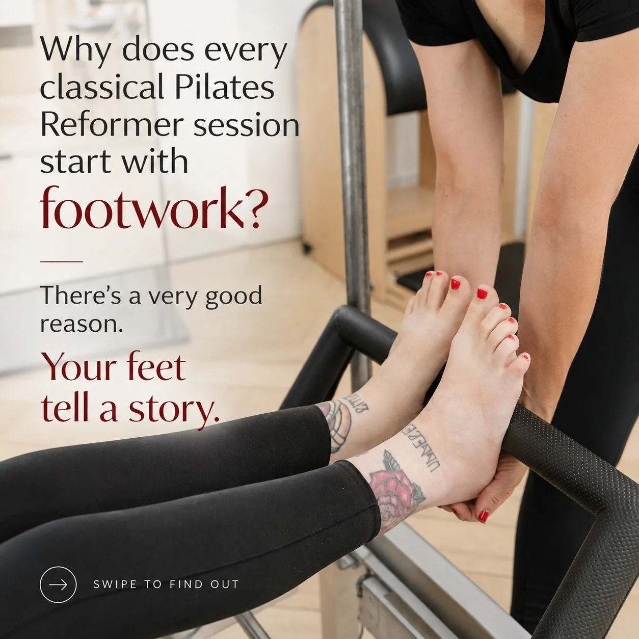 Every classical Pilates Reformer session starts with footwork &mdash; and there&rsquo;s a very good reason why.

It might look like a warm-up, but your feet tell your teacher so much more.

How you organise your body on the carriage, press into the f