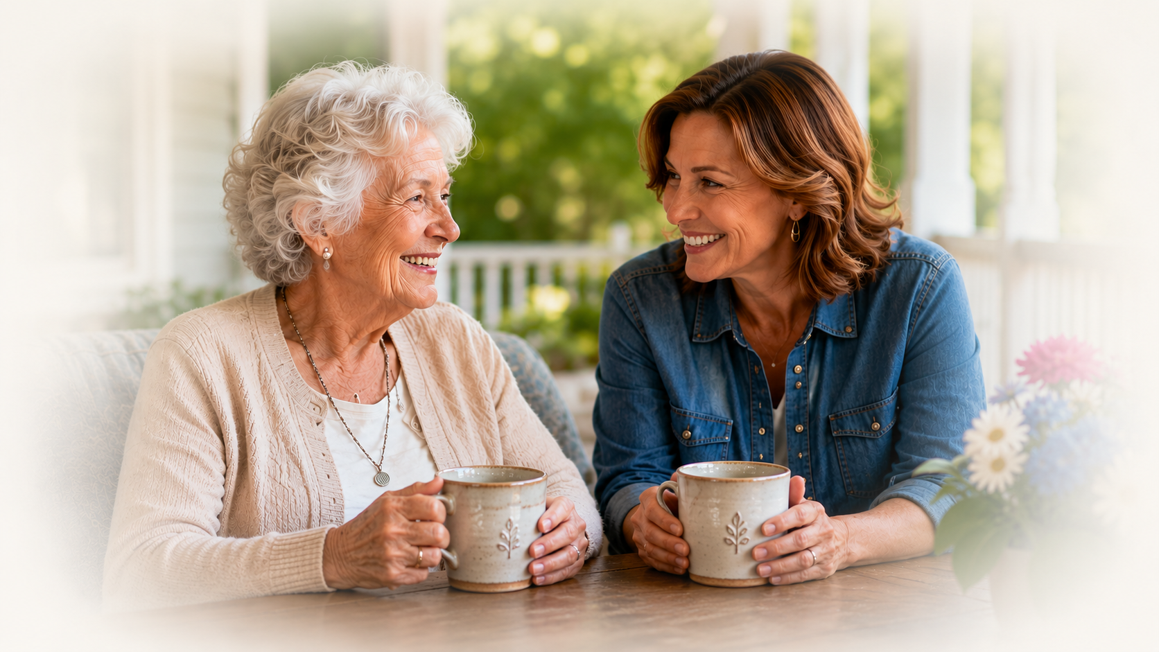 Two women, an elderly woman with white curly hair and a middle-aged woman with shoulder-length brown hair, sit at a table holding mugs and smiling at each other in a sunlit porch with a green outdoor view.