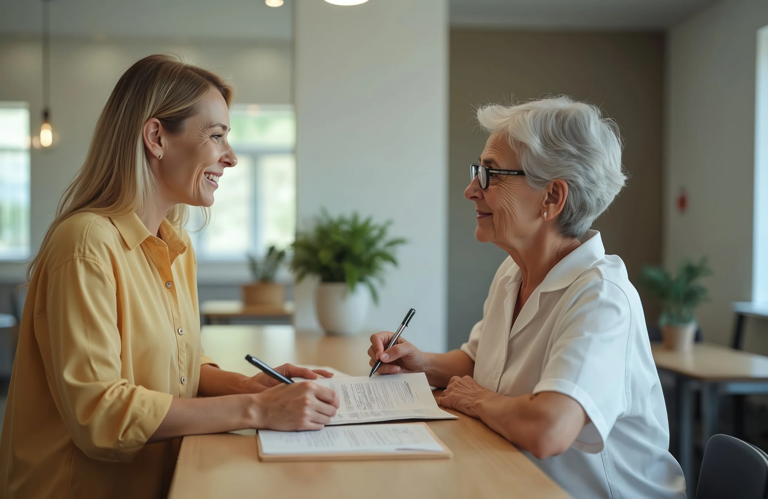 A middle-aged woman and a young woman smiling and holding documents during a meeting, with a notebook and pen on a wooden table in front of them.