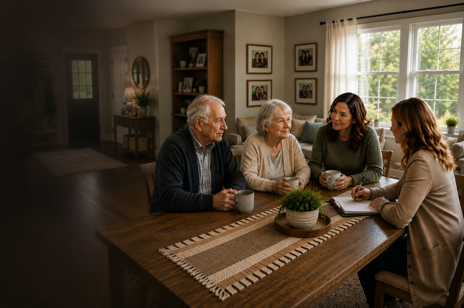 Four people sitting at a dining table having a conversation, with two elderly adults, a middle-aged woman, and a young woman taking notes.