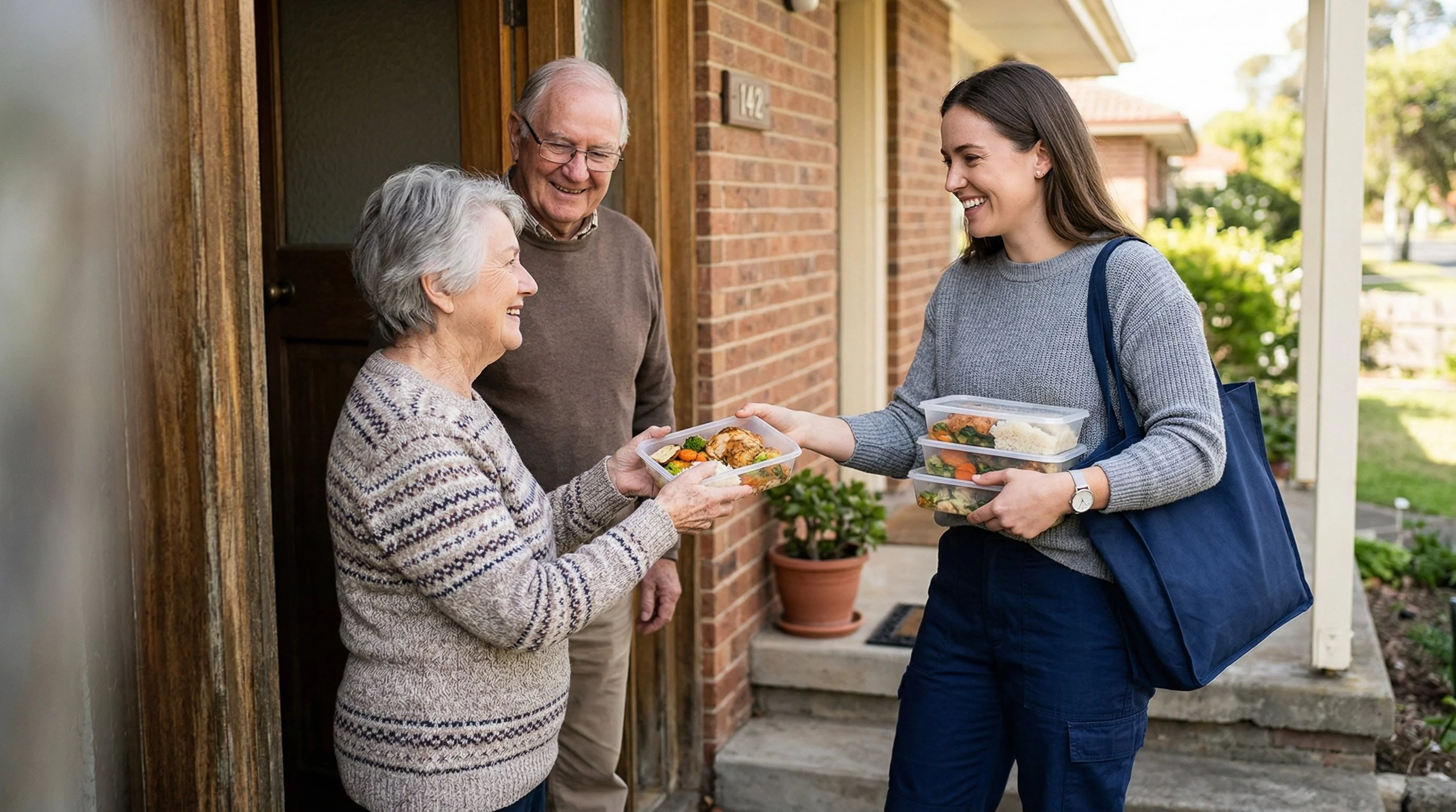 A young woman delivering food from containers to an elderly woman at her front door, with a man smiling in the background.