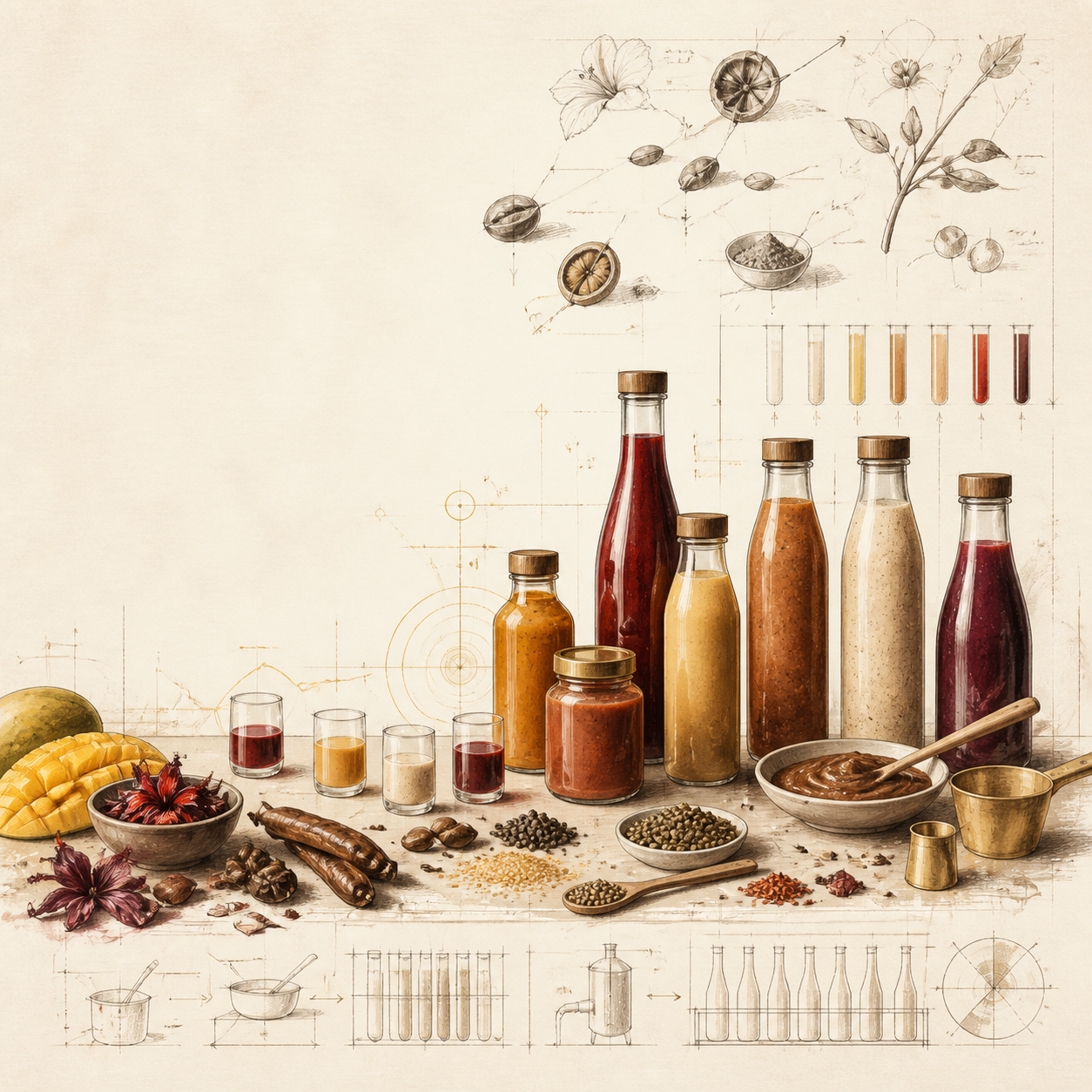 Assorted spices, herbs, and liquids in glass bottles and small bowls arranged on a table with science and botanical sketches in the background.