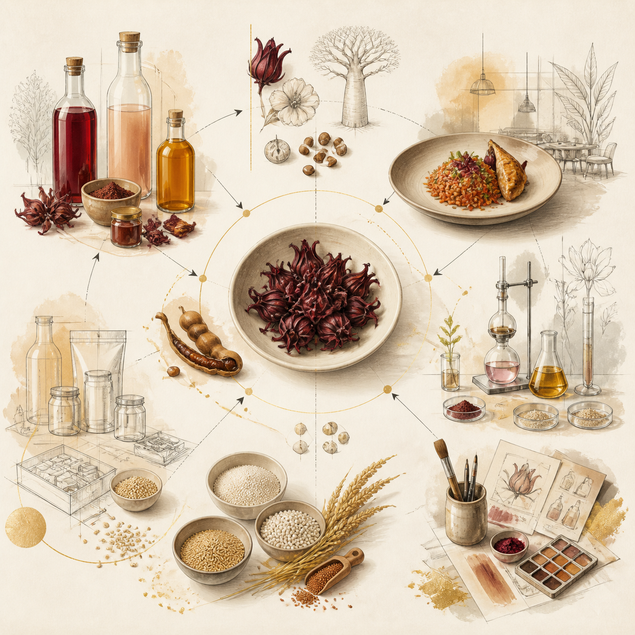 An infographic showing the ingredients, preparation, and dishes of a culinary process involving colorful spices, herbs, and grains, with sketches of plants, kitchen tools, and recipes in the background.