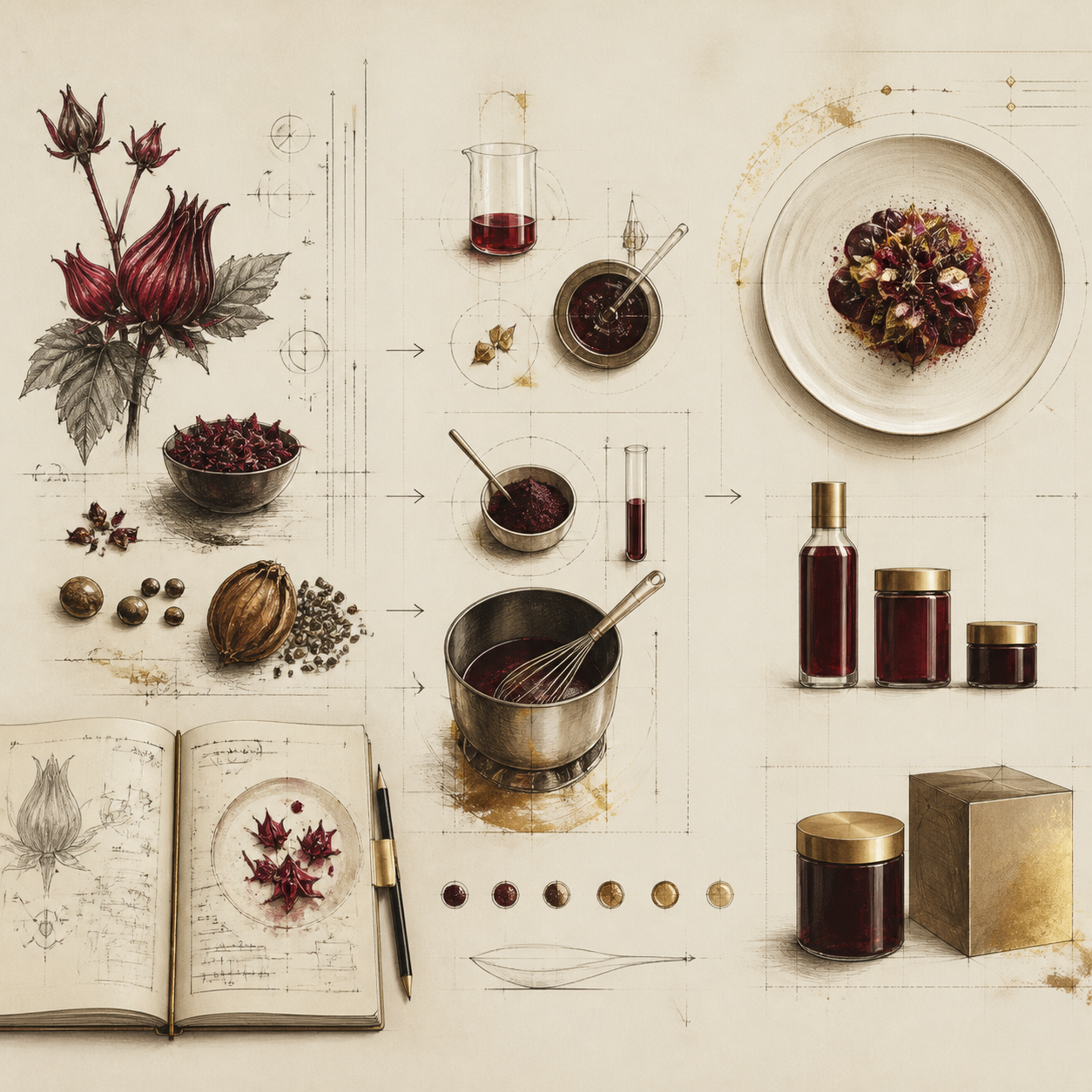 Scientific illustration of a berry extraction process, including berries, laboratory glassware with red liquids, a plate with berries, jars with red substances, an open notebook with sketches and a pen.