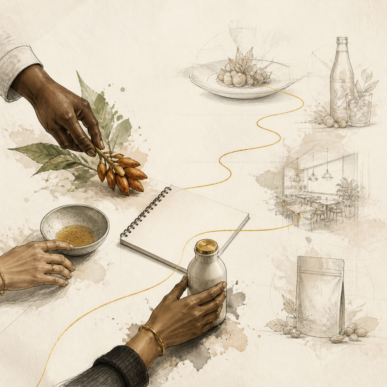 Illustration of hands preparing and tasting a beverage, surrounded by sketches of food, drinks, and a cafe interior.
