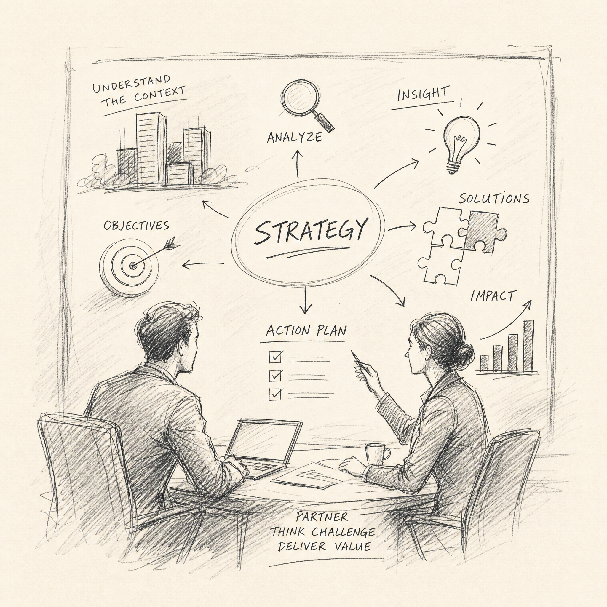 Sketch of a business strategy discussion with diagrams, including bar graphs, a target, puzzle pieces, and notes like 'Understand the context,' 'Analyze,' 'Insight,' and 'Action plan' with two people sitting and talking.