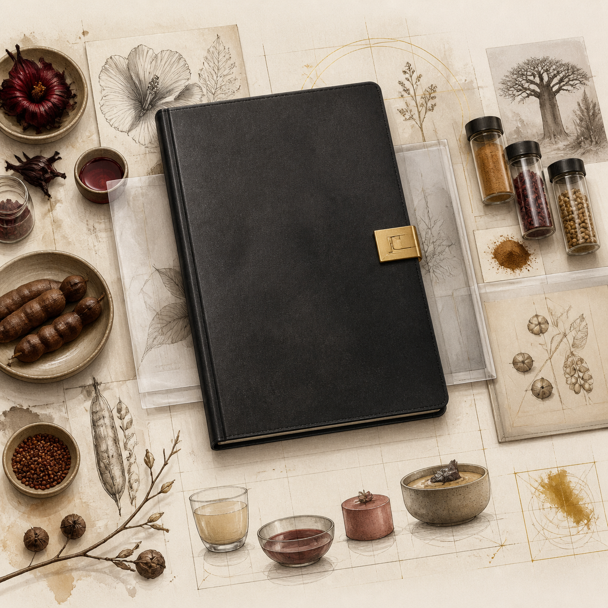 A black planner with a gold clasp on a table surrounded by botanical sketches, jars of spices, and small bowls of herbs and liquids.
