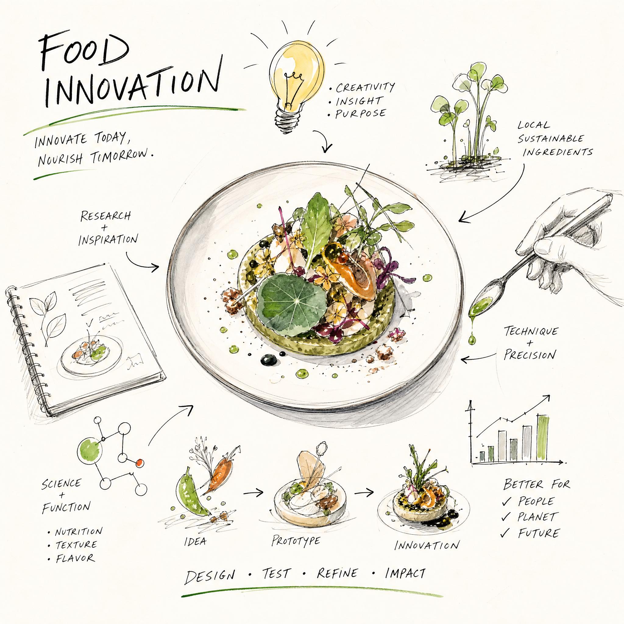 Hand-drawn illustration of a brainstorming process for food innovation, featuring a bowl of salad with herbs, vegetables, and edible flowers in the center. To the right, a hand holding a pencil sketches a plant with leaves. Surrounding the center are notes and diagrams with keywords like 'research,' 'technique,' 'precision,' 'better for people, planet, future,' and phrases about innovation, design, testing, refining, and impact.