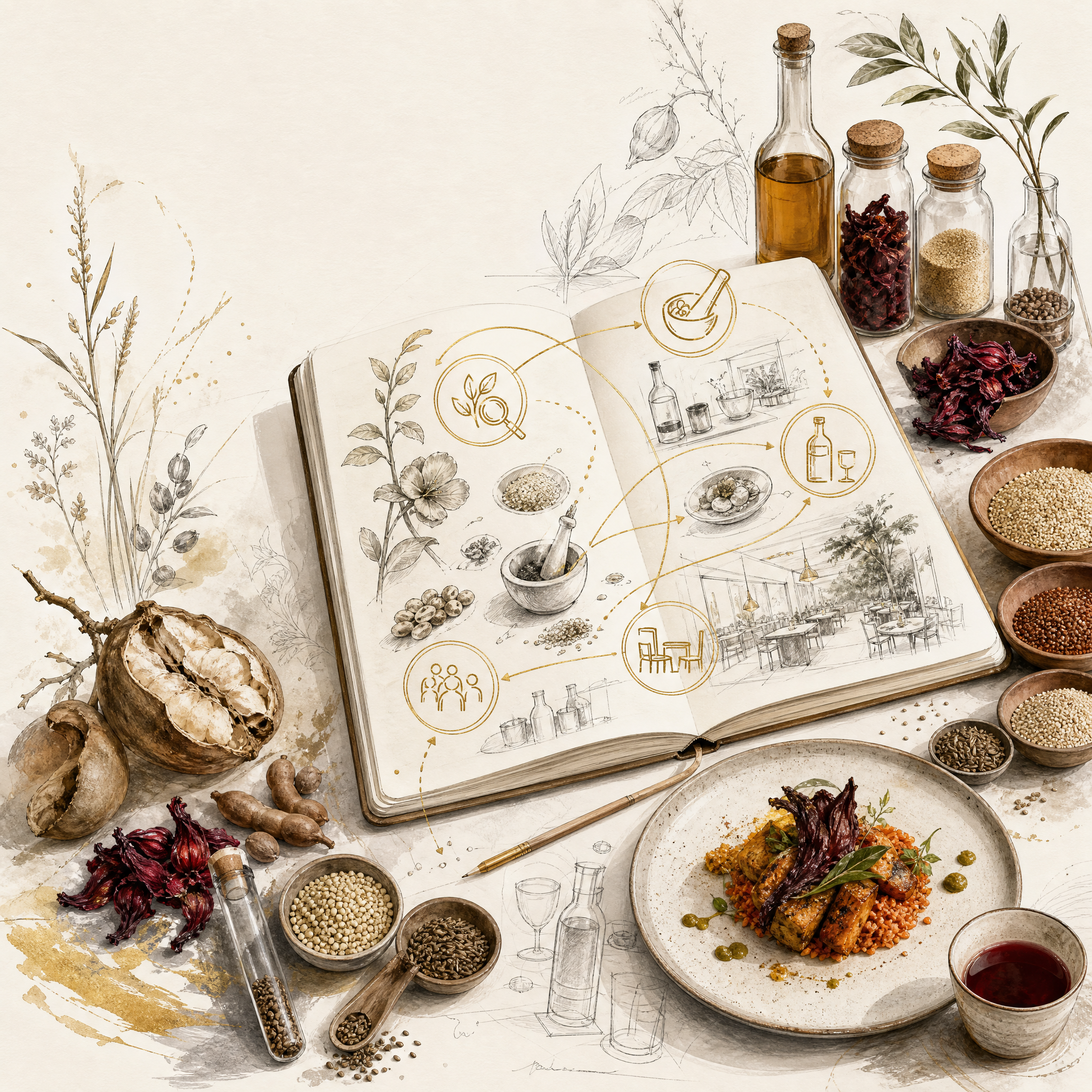 A sketchbook with botanical drawings and diagrams placed on a table surrounded by various spices and herbs in bowls and jars, along with a dish of cooked food garnished with herbs and vegetables.