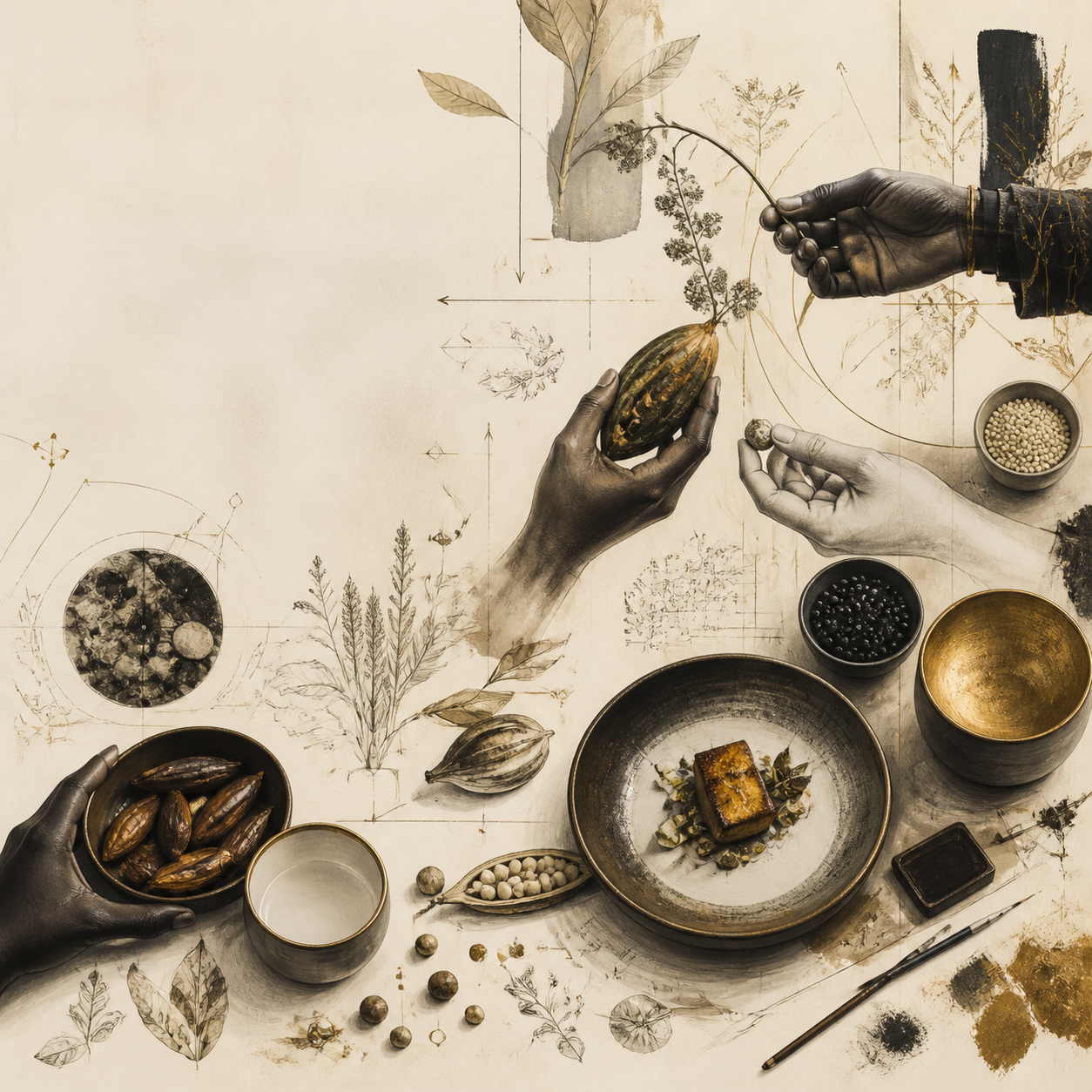 An artistic photograph combines botanical drawings with hands arranging food, seeds, and cacao beans on a table, blending illustration and real objects.