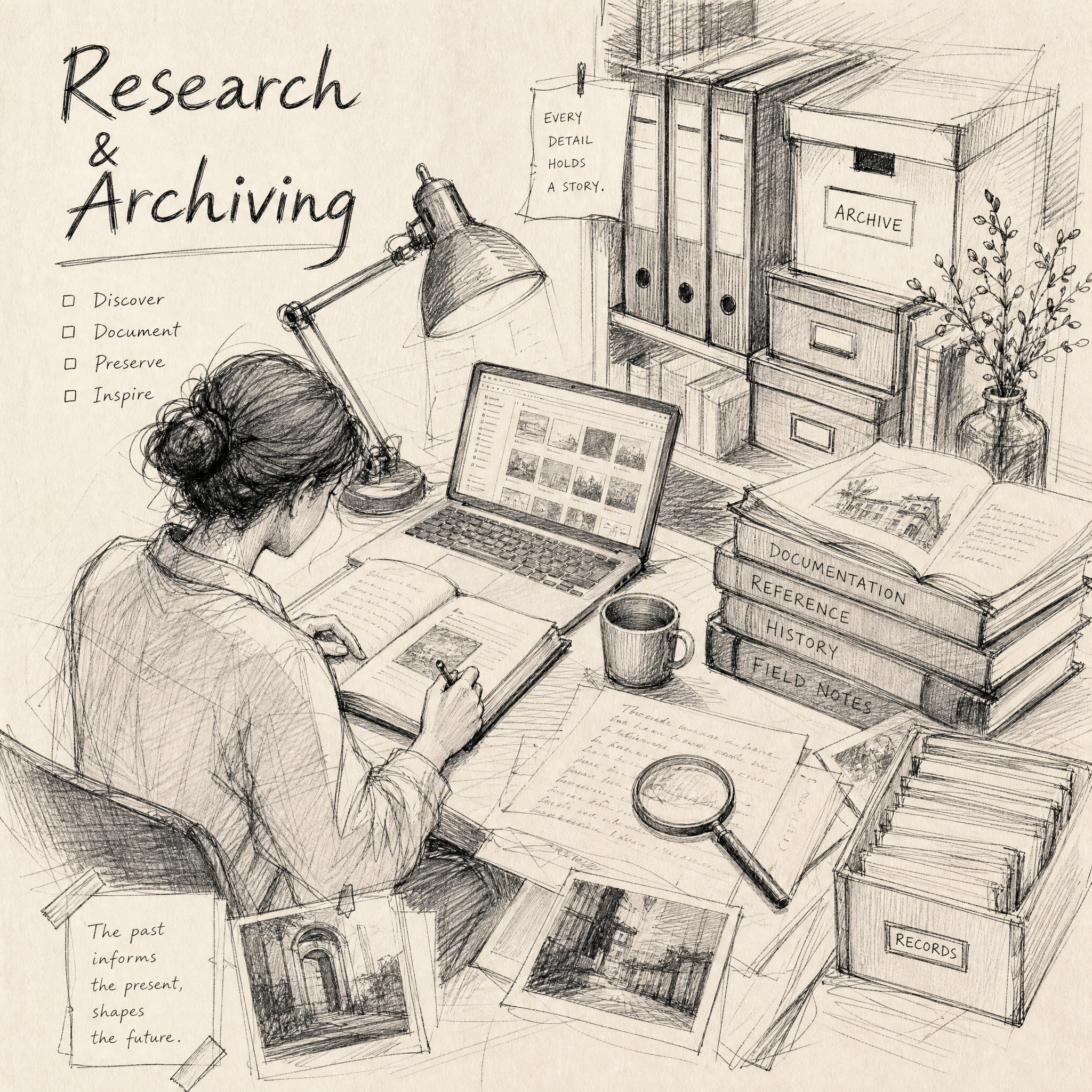 Sketch of a workspace with a person writing in a notebook, surrounded by bookshelves, documents, and a laptop, emphasizing research and archiving.
