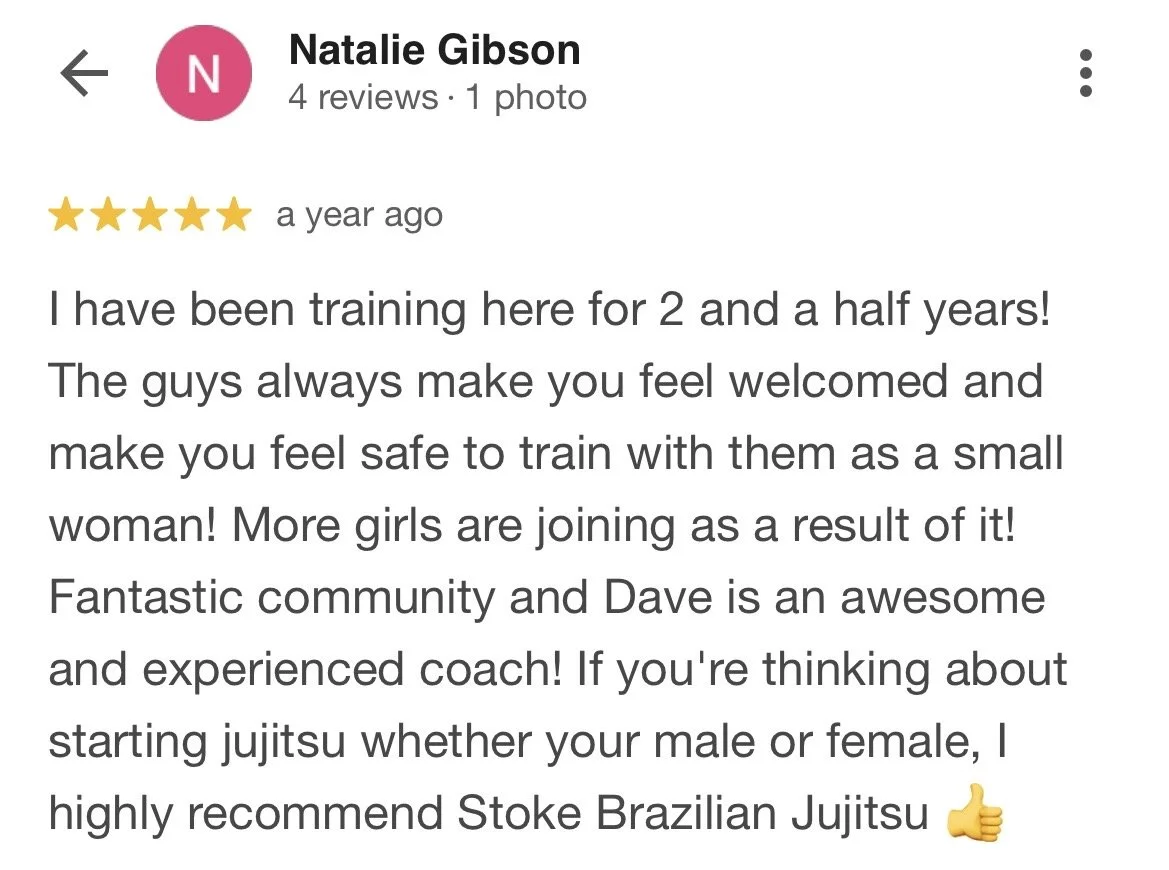 Screenshot of a Google review for a jiu-jitsu training facility, showing a five-star rating and positive feedback from Natalie Gibson.