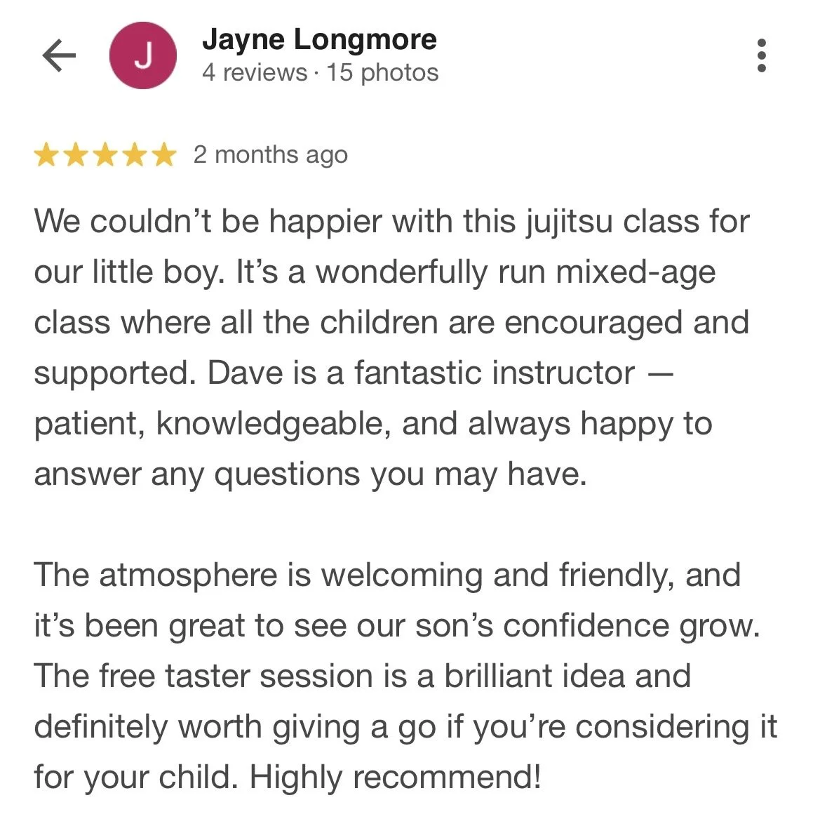 Screenshot of a Google review for a jiu-jitsu class, praising the instructor and positive environment.