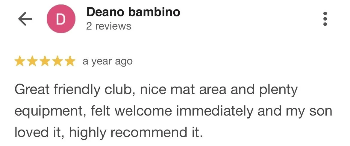 Screenshot of a Google review for a children's club, mentioning a friendly environment, nice mat area, and good equipment.