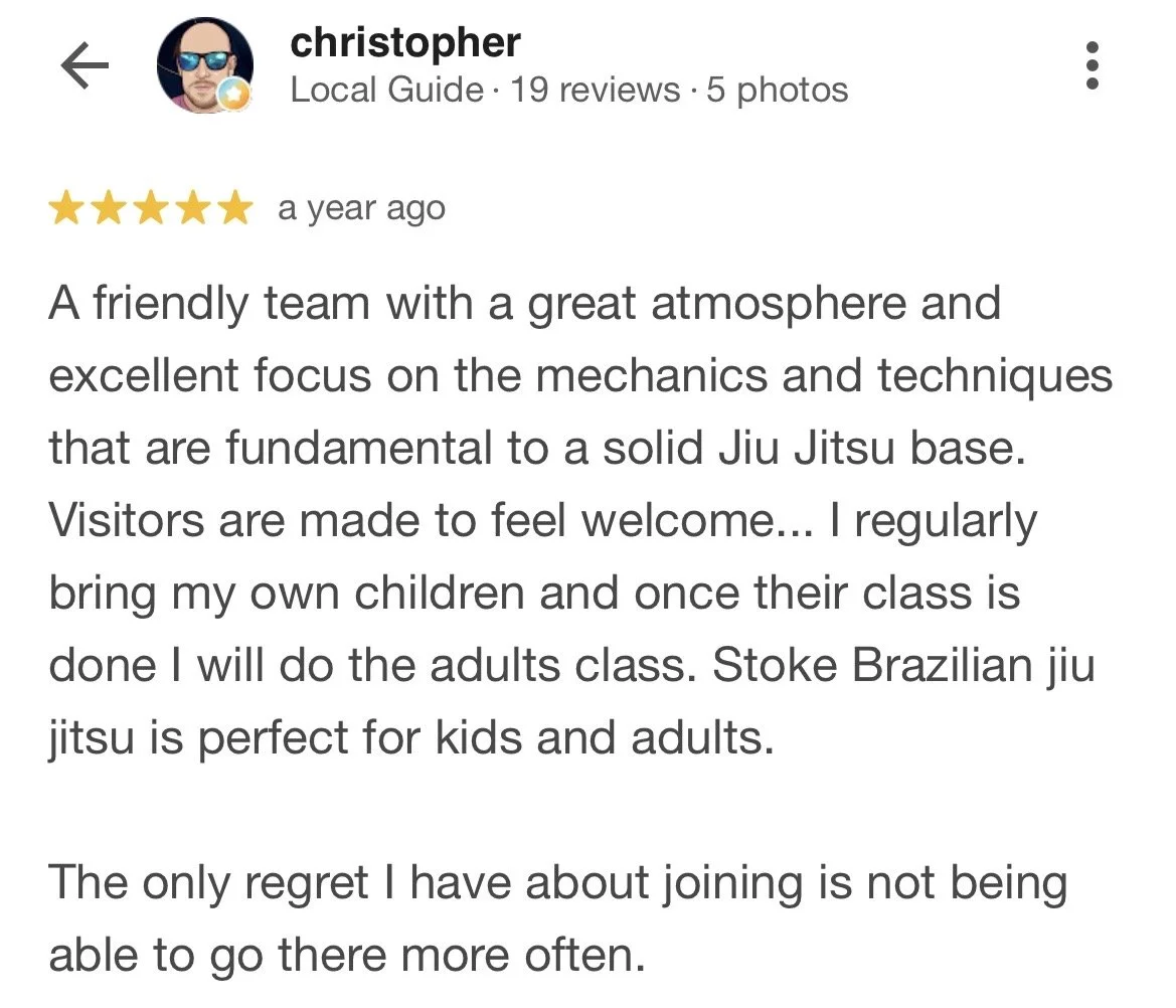 Screenshot of a Google review for a martial arts school, showing the reviewer name 'christopher', a 5-star rating, and a positive comment about the instructors and classes in Brazilian Jiu Jitsu.