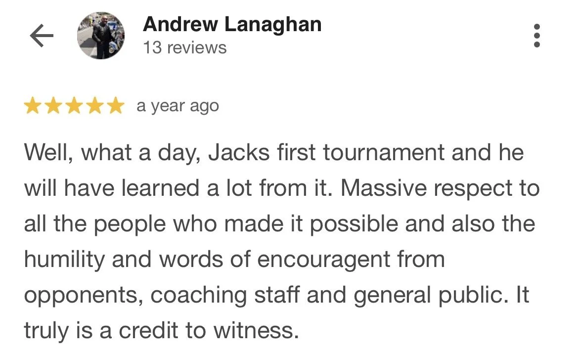 Screenshot of a Google review by Andrew Lanaghan, praising a first tournament for the learning and humility of a person named Jacks.