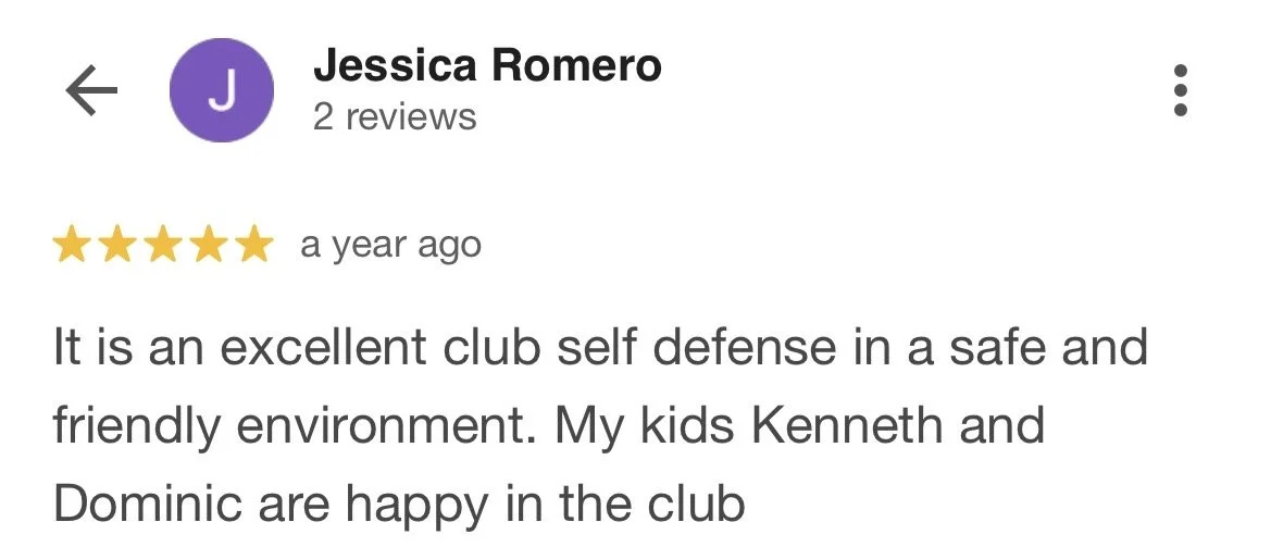 Review by Jessica Romero praising a club for self-defense, mentioning her children Kenneth and Dominic, stating they are happy in the club.