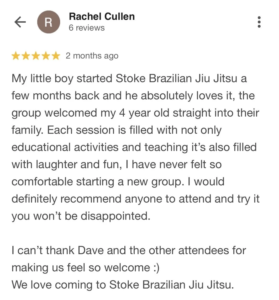 Screenshot of a Google review for a Brazilian Jiu Jitsu class, with 5 stars and a positive comment from a parent about the class for children.