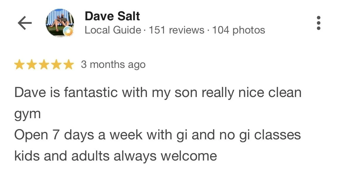 Screenshot of a Google review for a gym, showing five stars, the reviewer’s name as Dave Salt, and a written positive review about the gym.