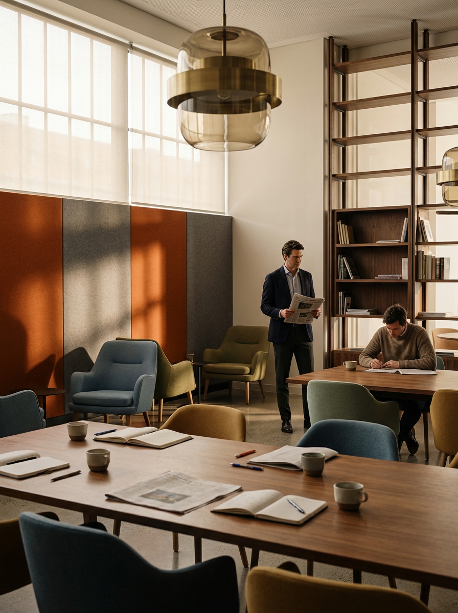 A modern meeting room with wooden tables, colorful chairs, bookshelves, and large windows. Two men are present, one reading a newspaper and the other writing at the table.