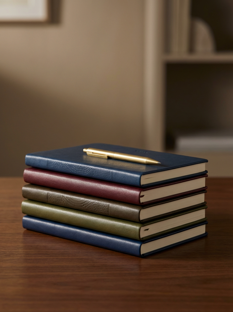 Stack of six hardcover notebooks with a gold pen resting on top, placed on a wooden table, with blurred background
