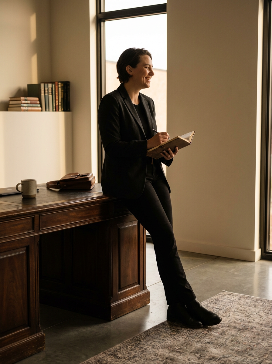 A woman in black clothing standing by a wooden desk, smiling and writing in a notebook inside a well-lit office with large windows.