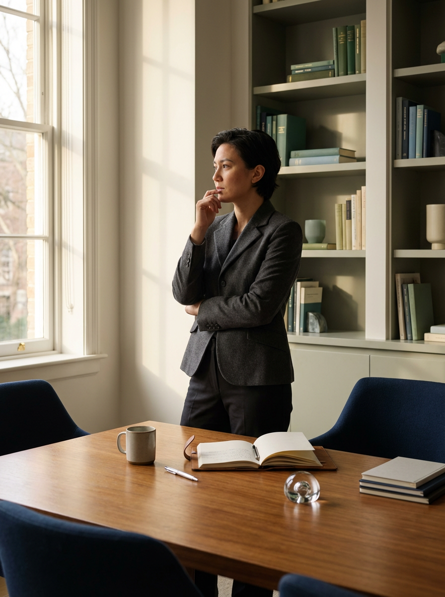 A woman in a gray blazer stands thoughtfully in a well-lit room with bookshelf, near a window, with a wooden table in front of her holding an open notebook, a pen, a coffee mug, and some stacked books.