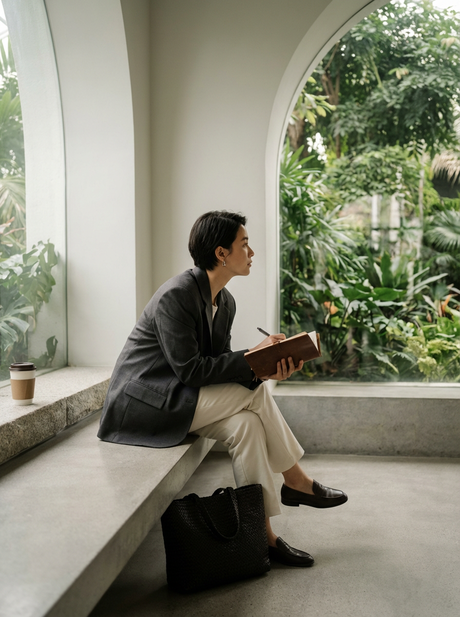 Woman sitting on a concrete window ledge with a notebook, pen, and coffee cup, surrounded by lush green plants outside.