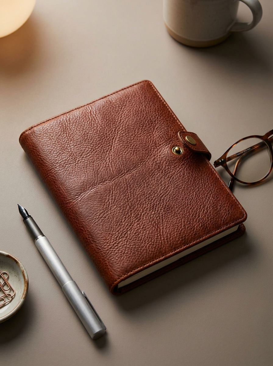 A brown leather journal, a silver pen, a pair of tortoise shell eyeglasses, a white mug, a small dish with paper clips, and a glowing lamp on a beige table.