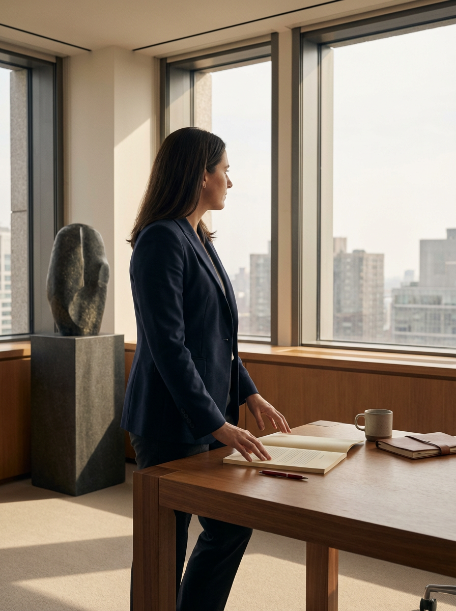 A woman in a navy blazer and pants standing at a wooden desk, looking out tall windows at a cityscape during daytime.