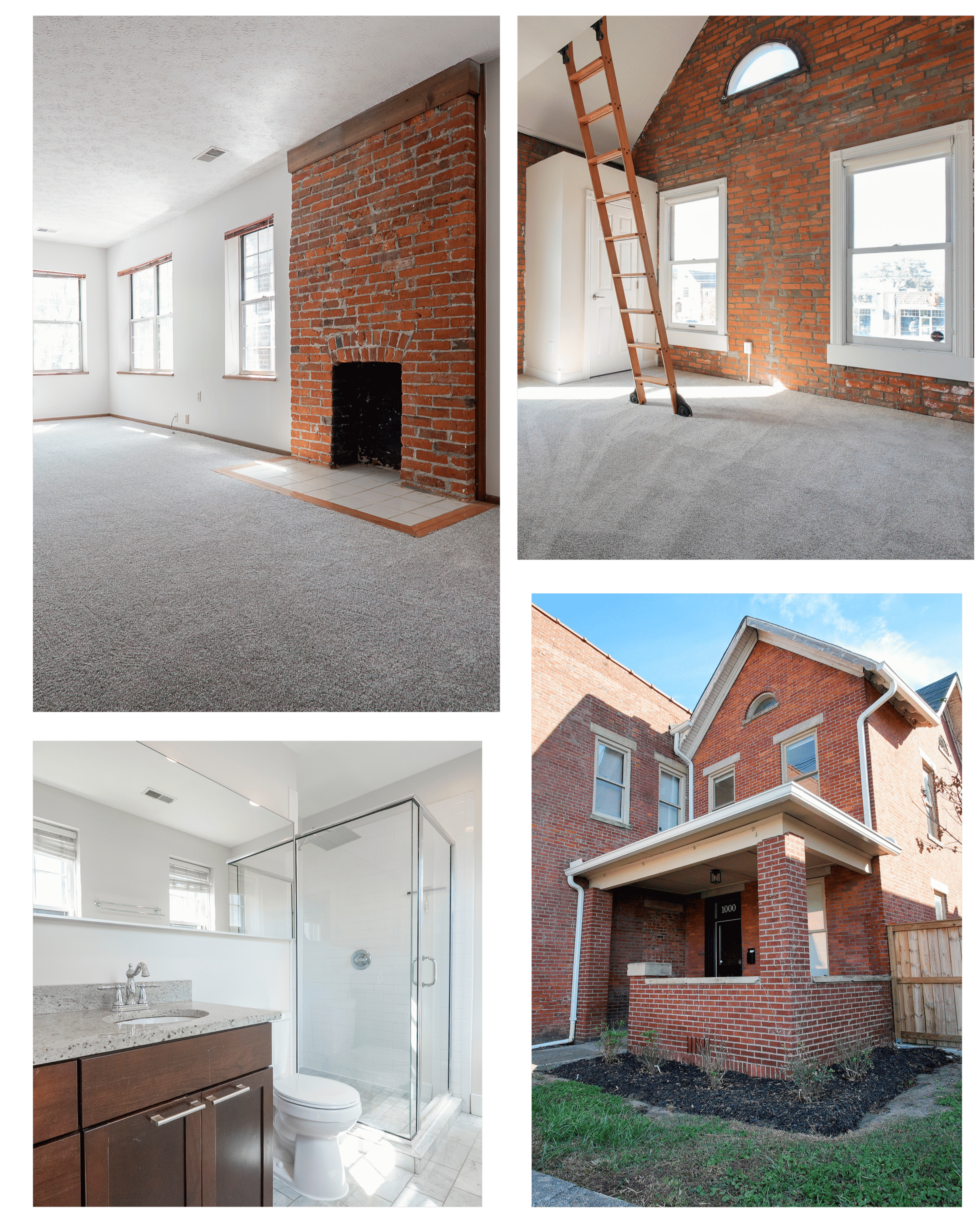 Rental Property Photos of a house showing the exterior brick wall with a gabled roof and the interior brick fireplace in a living room, along with an image of a modern bathroom with a granite vanity, mirror, and shower.