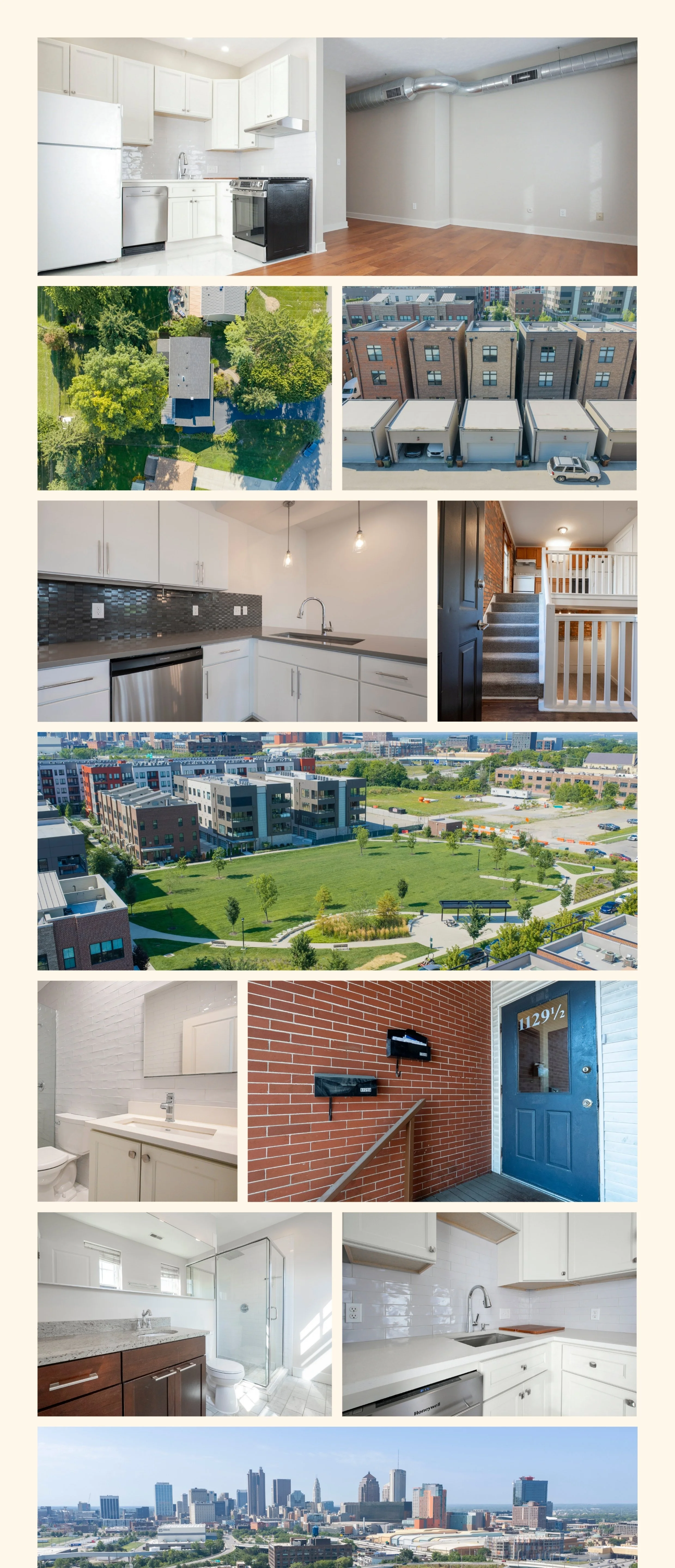 Multiple real estate photos of an apartment, including a kitchen, living space with exposed ductwork, aerial views of the apartment complex and city skyline, bathroom with vanity and shower, townhouse entrance, and outdoor courtyard with green space.