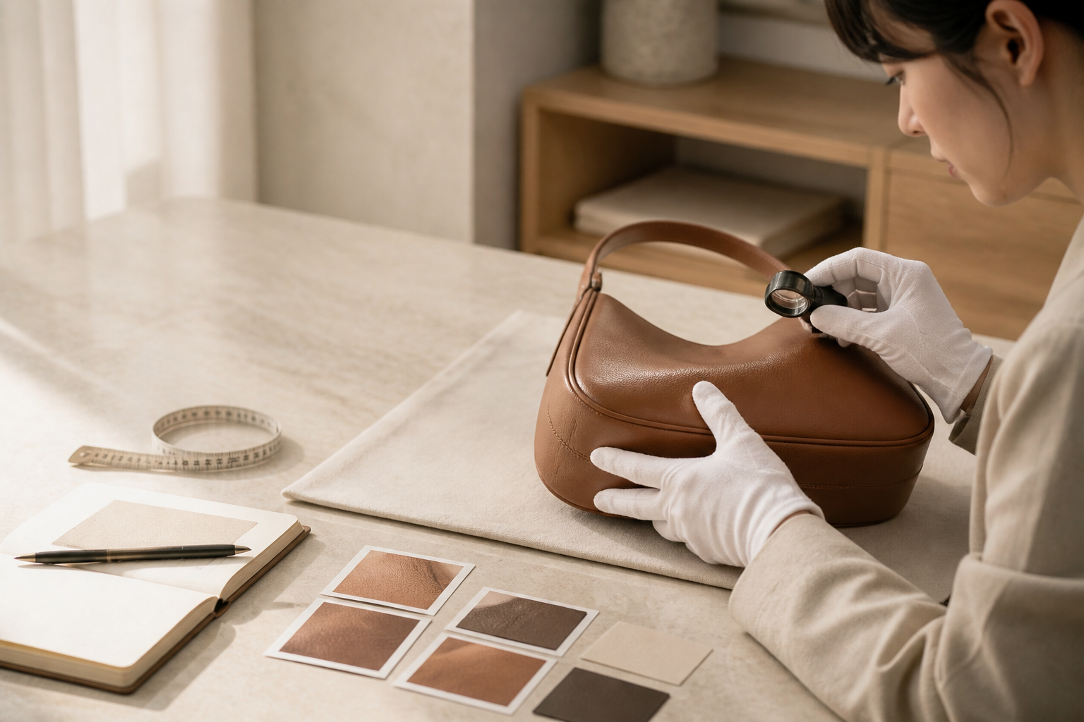 SHIWU specialist authenticating a pre-owned leather bag for consignment