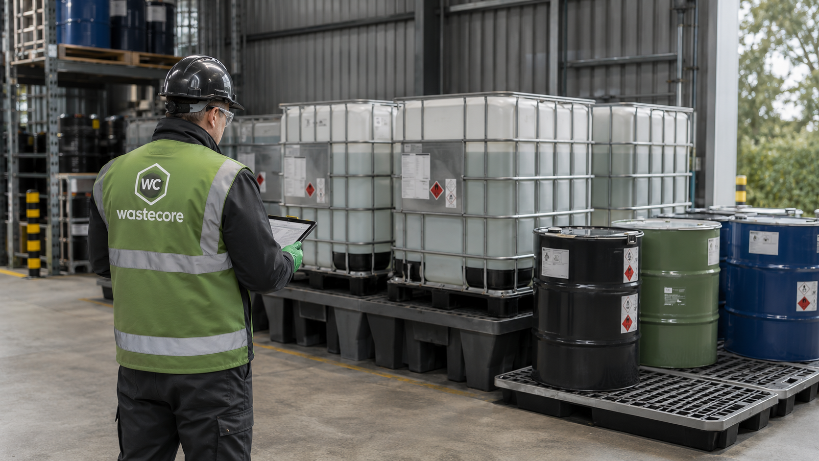A worker in safety gear, including a black helmet and green vest with 'Wastecore' and 'WC' logos, standing in a warehouse with containers of hazardous materials on pallets.