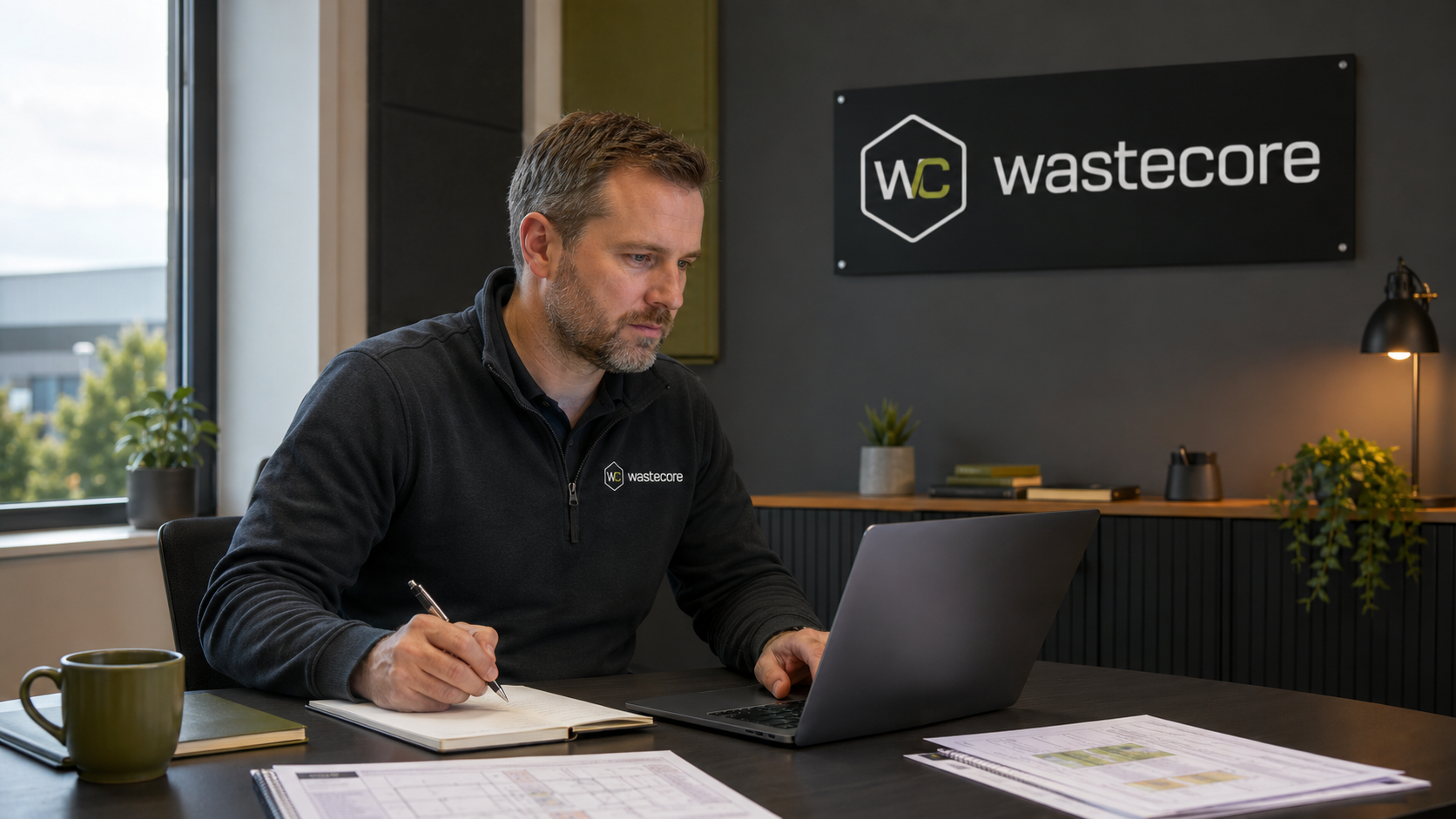 Wastecore advisor reviewing a customer waste enquiry in a branded office.