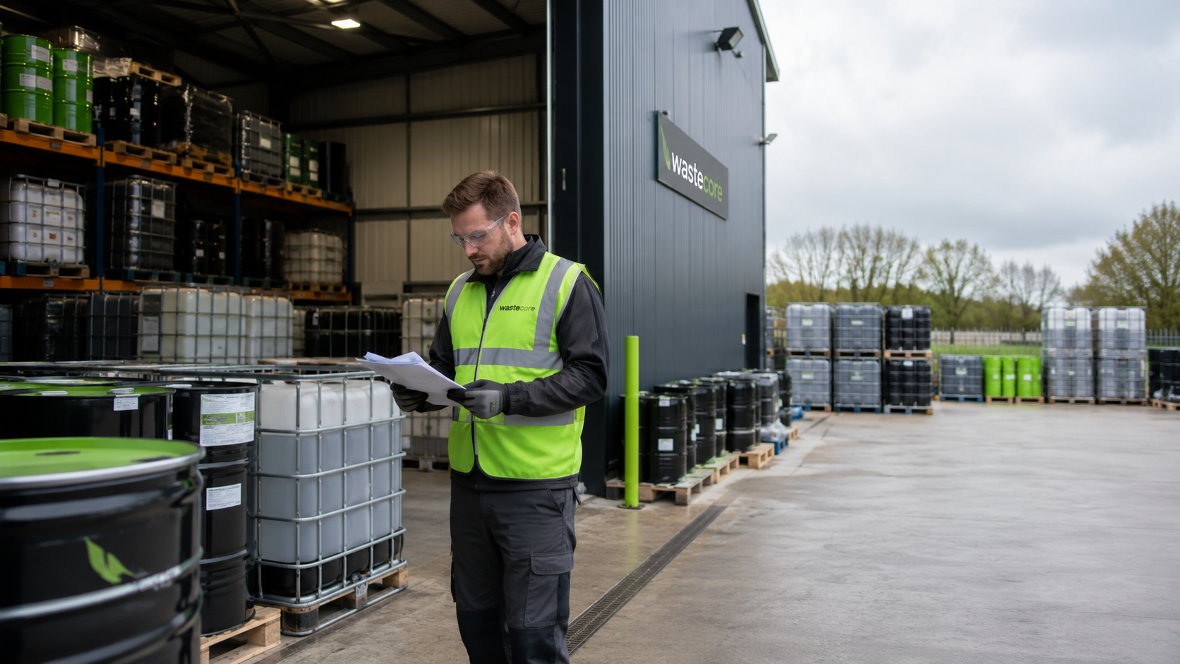 Wastecore advisor checking drums and IBCs at a UK container supply yard