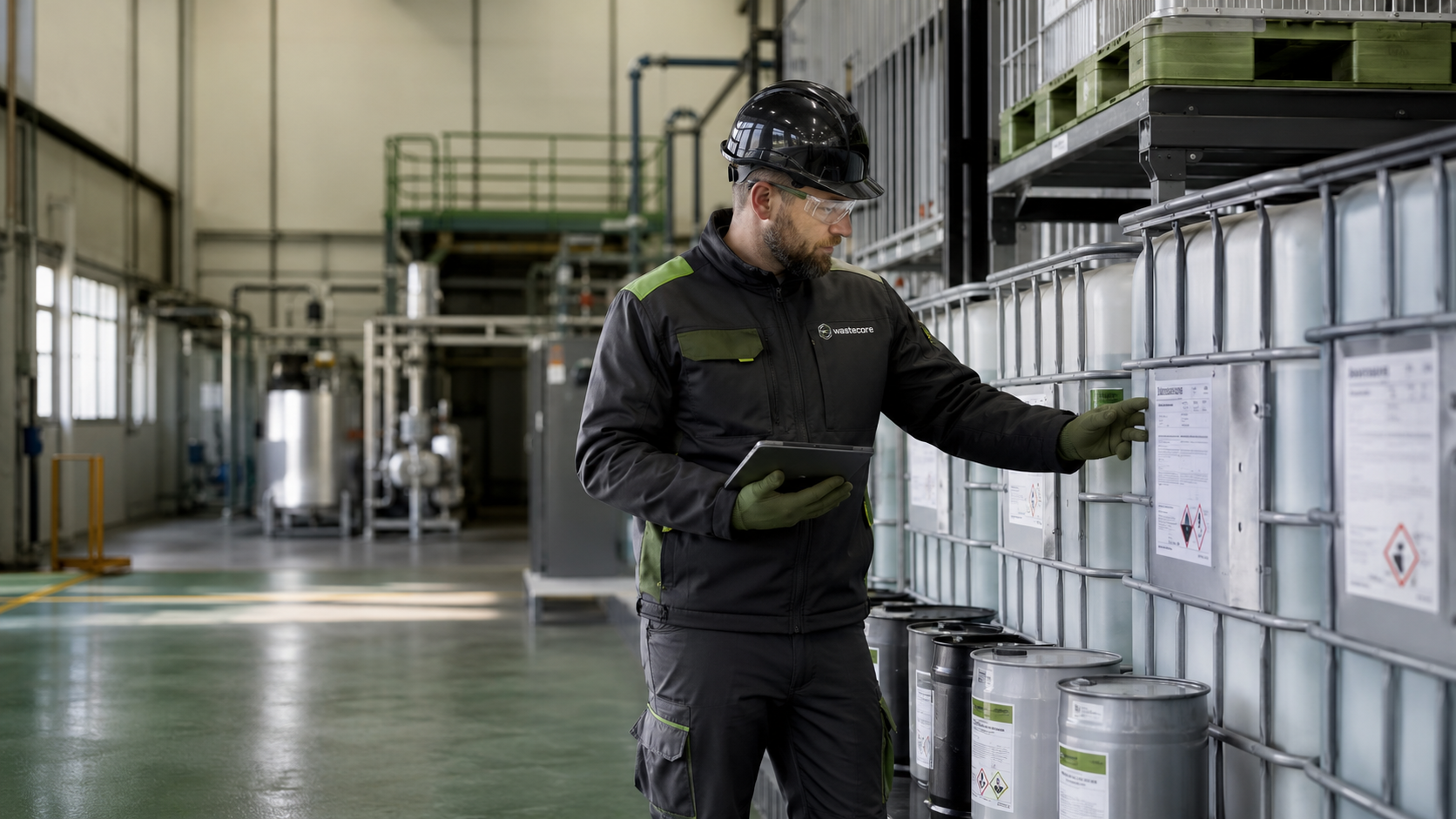Wastecore advisor auditing sealed IBCs and drums at a UK manufacturing facility.