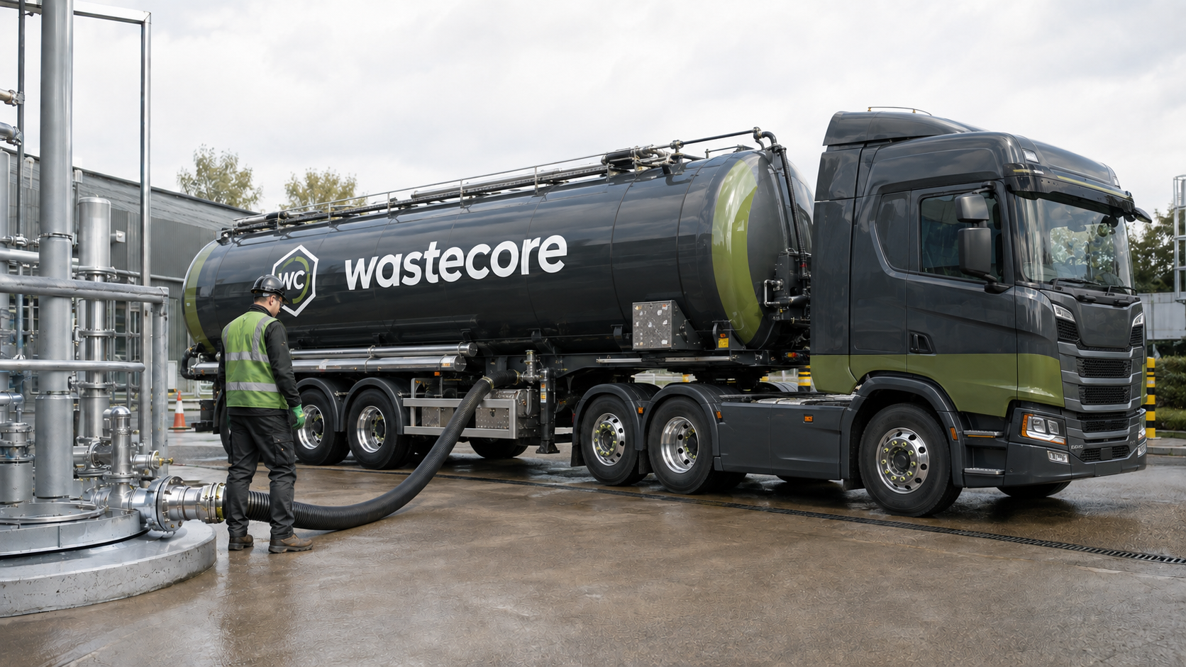A large Wastecore liquid waste transport truck is being emptied at a waste management facility by a worker in safety gear.