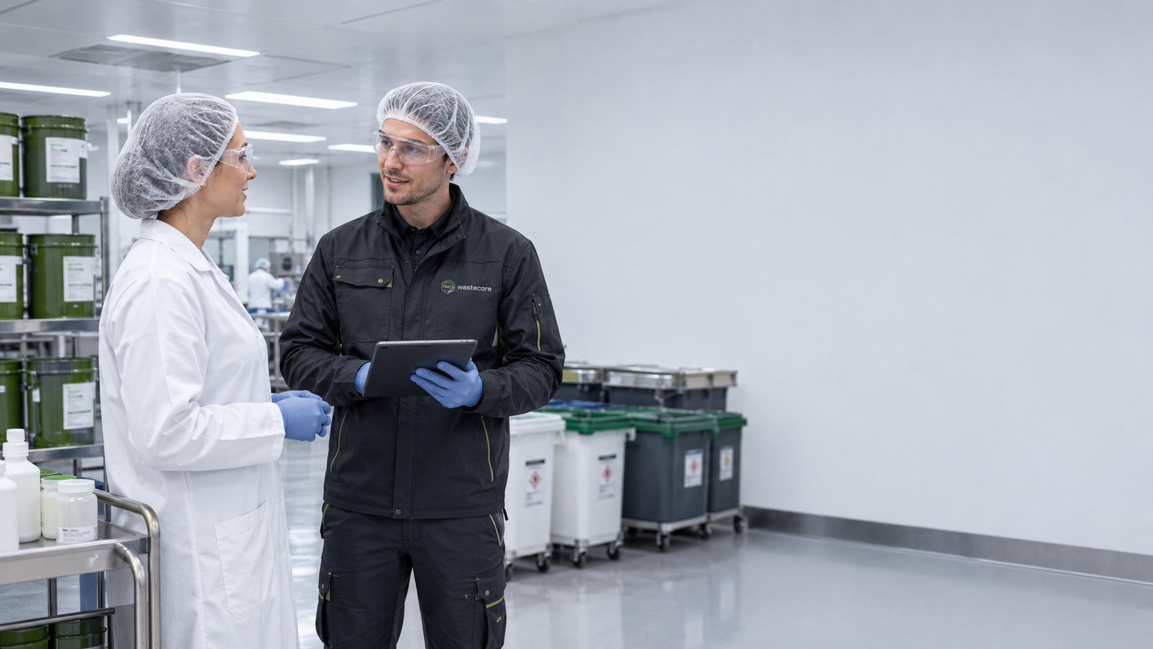Wastecore advisor reviewing compliant pharmaceutical production waste handling with a UK site manager.