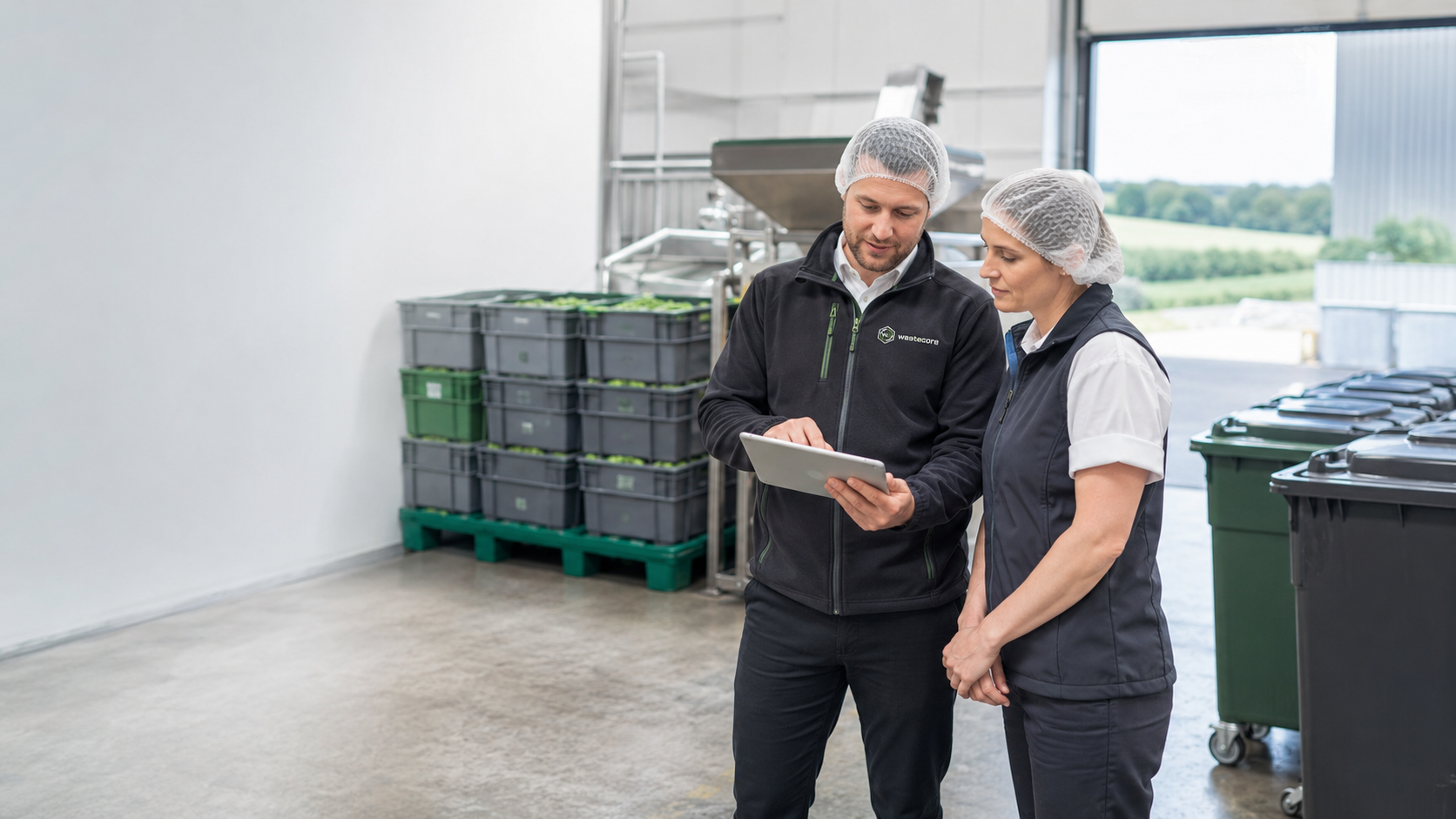 Wastecore advisor reviewing a practical waste collection plan with staff at a UK agricultural site.