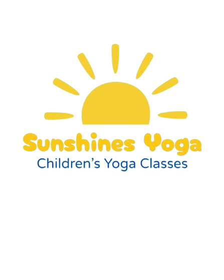 Logo for Sunshine Yoga featuring a stylized yellow sun rising behind a horizon with yellow sun rays, and text promoting children's yoga classes.
