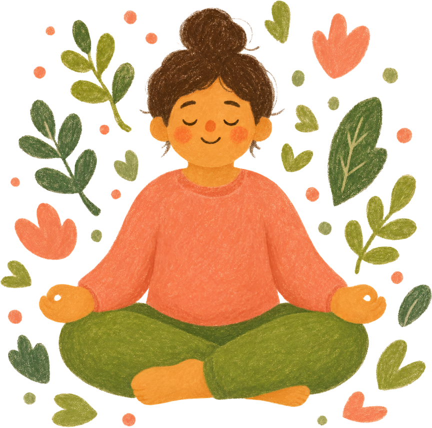 A child with closed eyes sitting cross-legged, meditating or relaxing, surrounded by green and pink hearts and leaves, wearing an orange sweater and green pants, with a content expression.