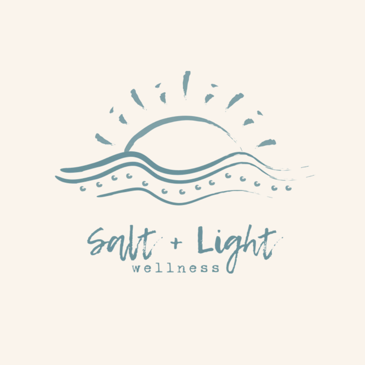 Logo for Salt + Light Wellness featuring a sunrise over waves with the text 'Salt + Light wellness'