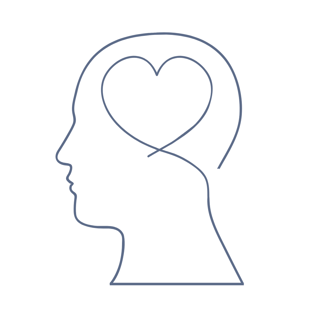 Line drawing of a woman's profile with a heart shape inside her head, connected to her brain.